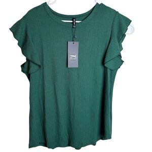 Iwollence Shirt Top Waffle Knit Ruffle Sleeve Crew Neck Size XL Green NWT